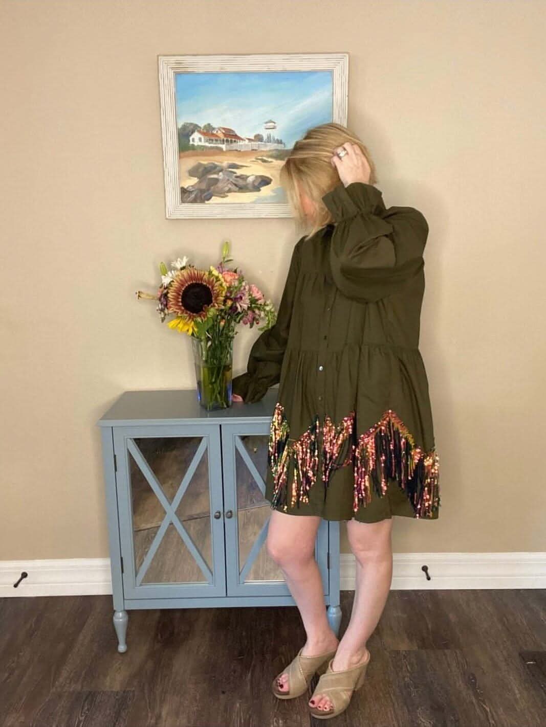 Sequin Tiered Poplin Dress
