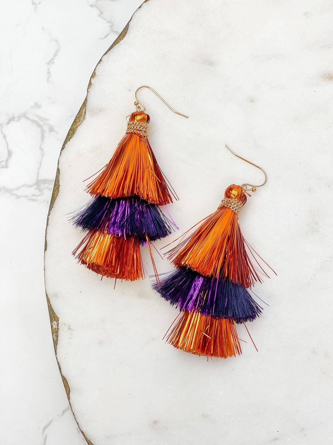 Orange and Purple Tinsel Tiered Tassel Earrings