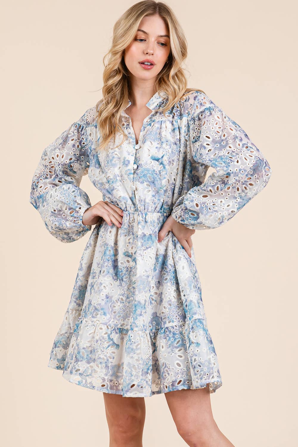 Aletha Chic Light Blue Floral Lace Mini Dress with Pockets & Crystal Buttons