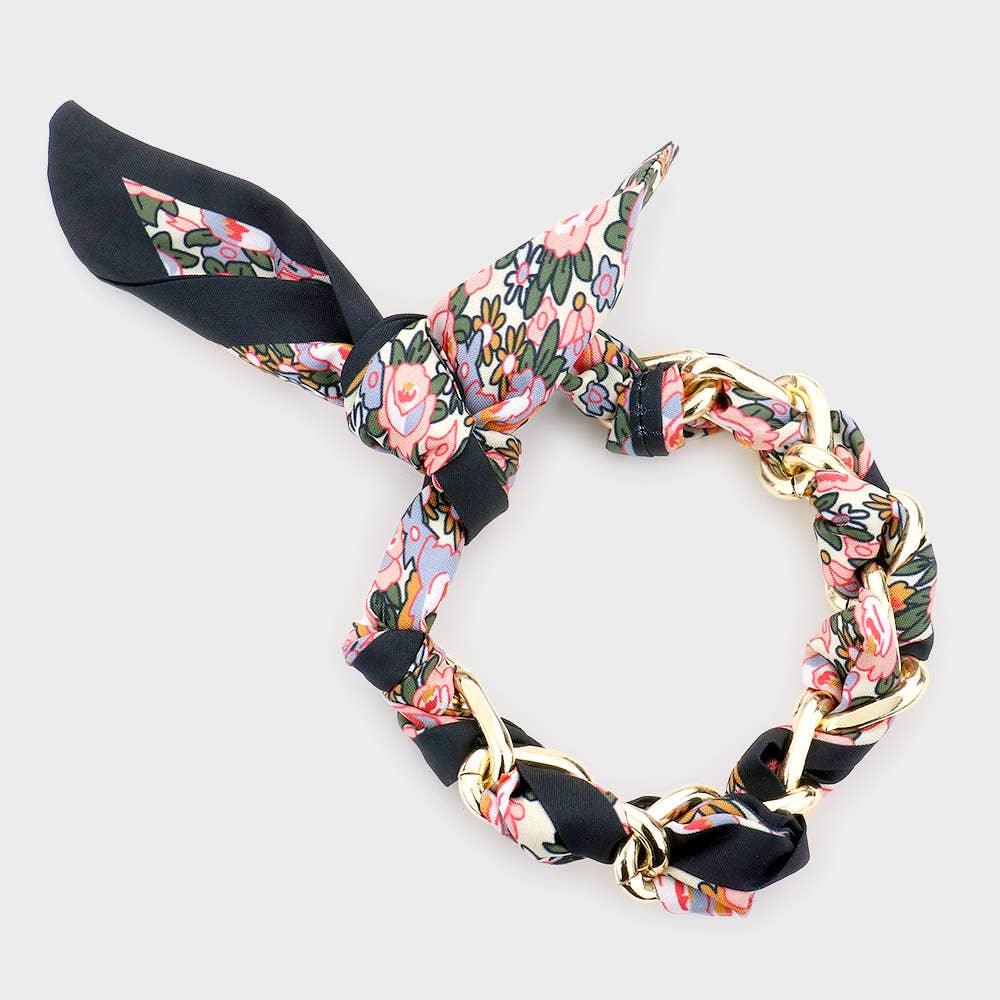 Floral Twist Scarf-Wrapped Chain Bracelet