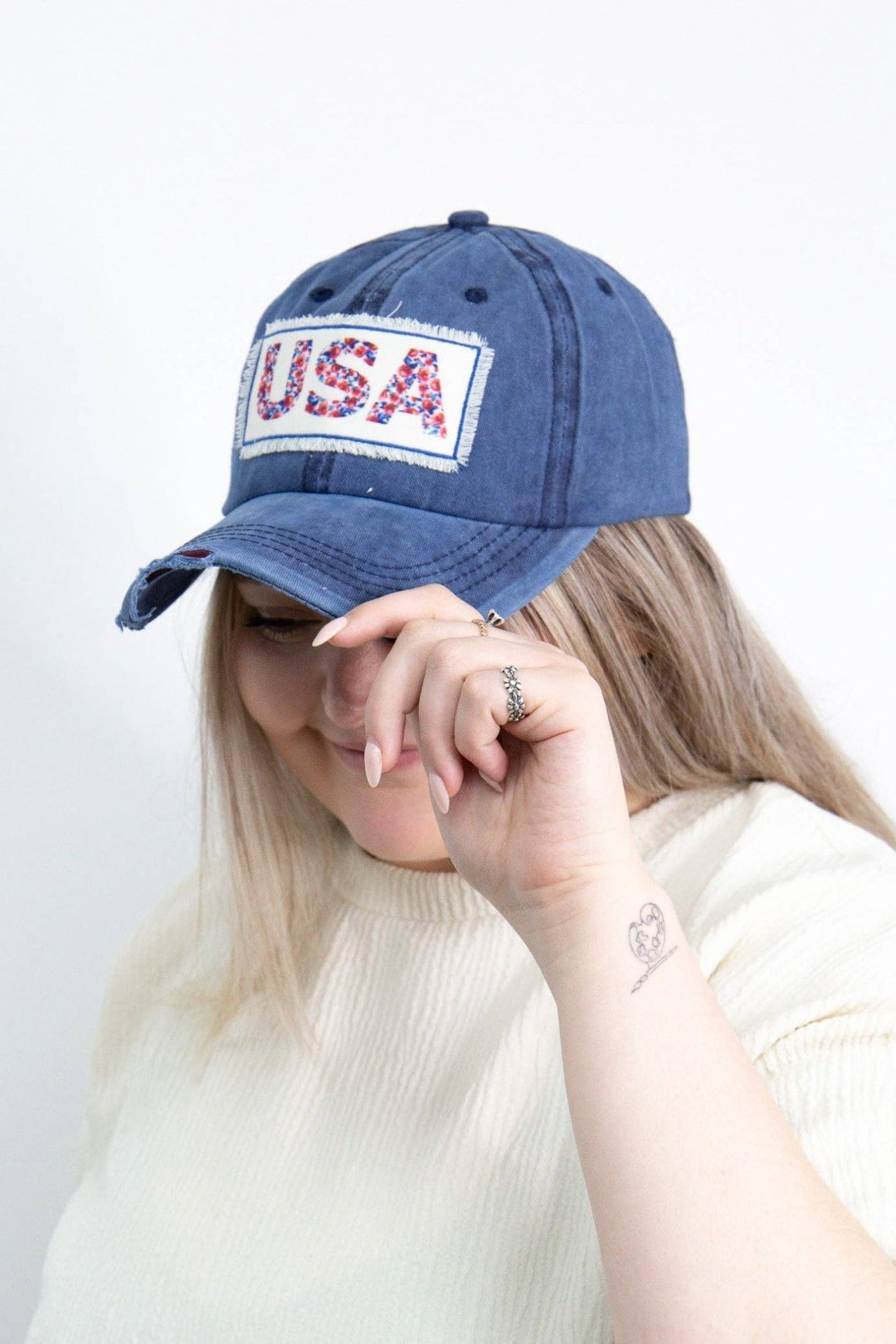 Floral USA Patch on Navy Distressed Hat - Lolo Viv Boutique