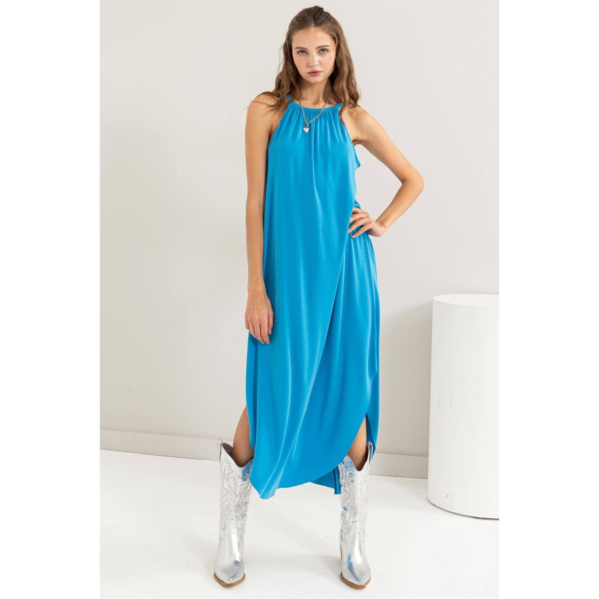 Gulf Coast Blue Halter Neck Midi Dress - Flirty Fun! Gulf Coast Blue Halter Neck Midi Dress - Flirty Fun!
