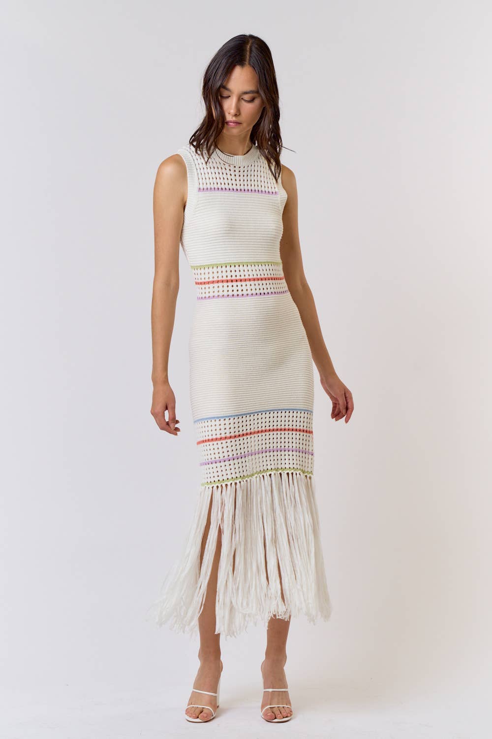 Knit Stripe and Fringe Detailed Dress - Off-White / S