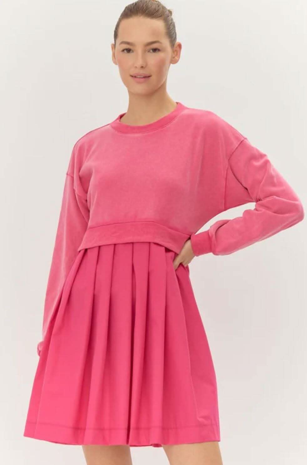 Pink Sweatshirt Dress with Pleated Bottom Detail - Small Pink Sweatshirt Dress with Pleated Bottom Detail - Small