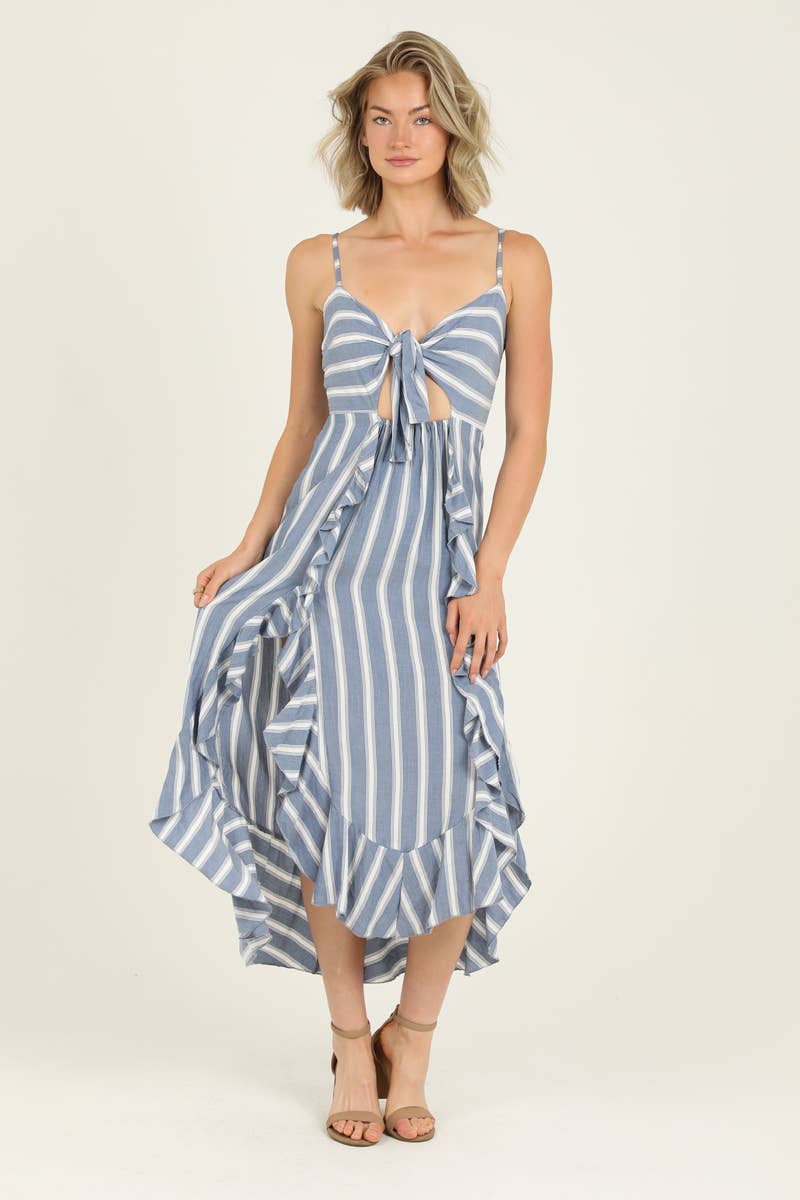 Striped Tie Front Double Slit Ruffle Maxi Dress