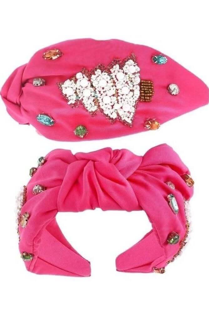 Fucshia Beaded Headband with White Christmas Tree - Lolo Viv Boutique
