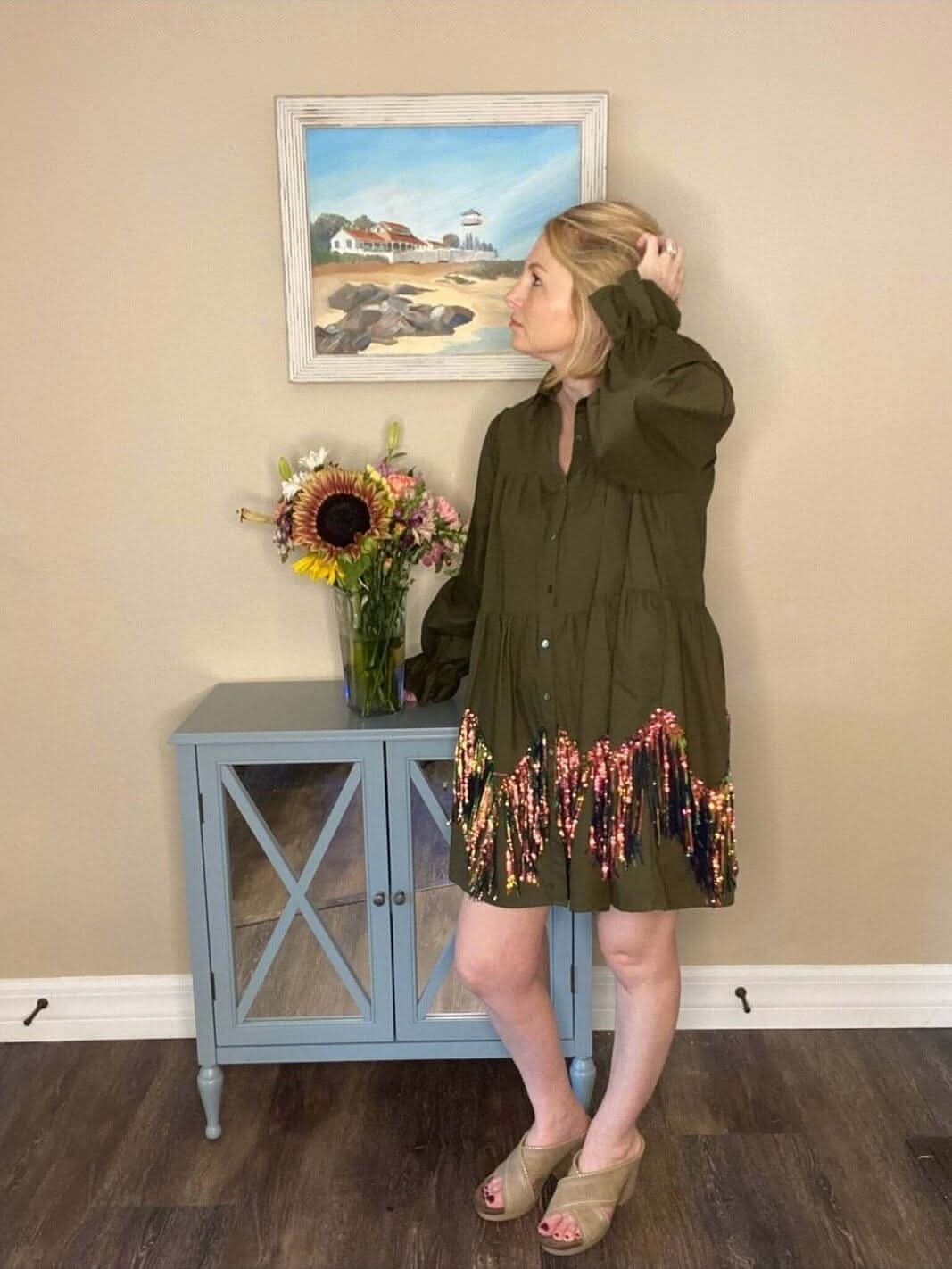 Sequin Tiered Poplin Dress - Lolo Viv Boutique