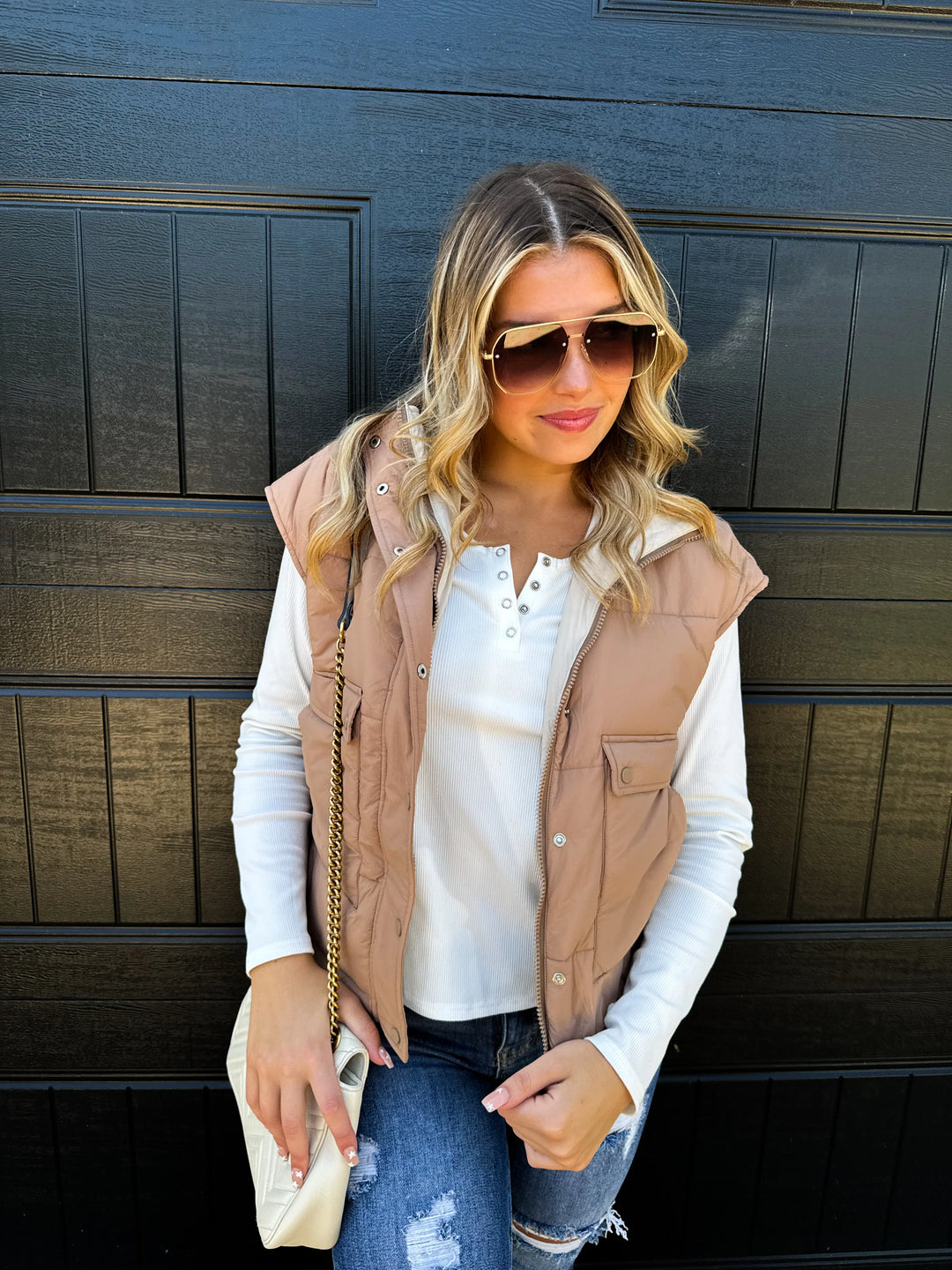 Tan & Ivory Reversible Puffer Vest - Reg & Curvy