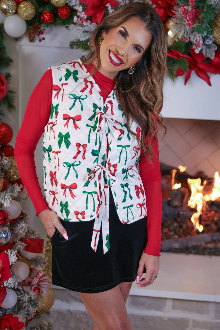 The Holly Bow Quilted Tie Vest - Reg & Curvy