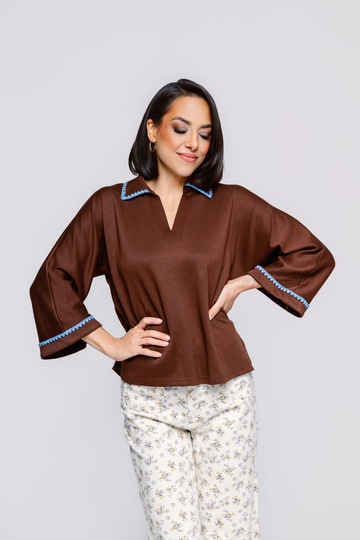 Chocolate & Blue Scallop Top