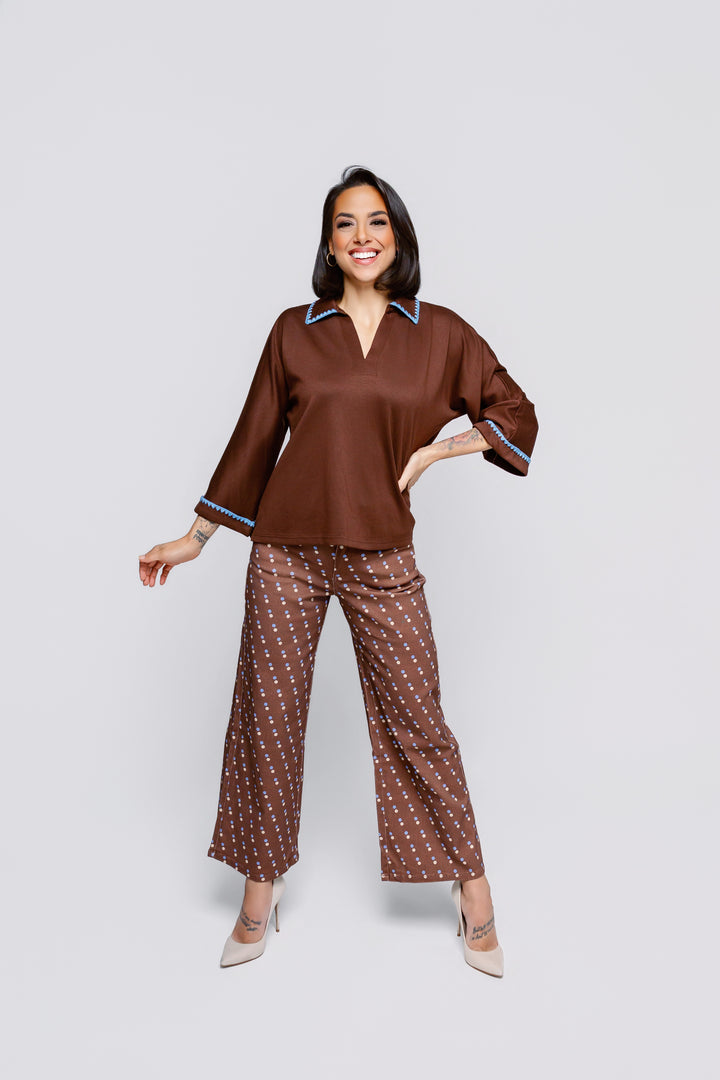 Chocolate & Blue Scallop Top
