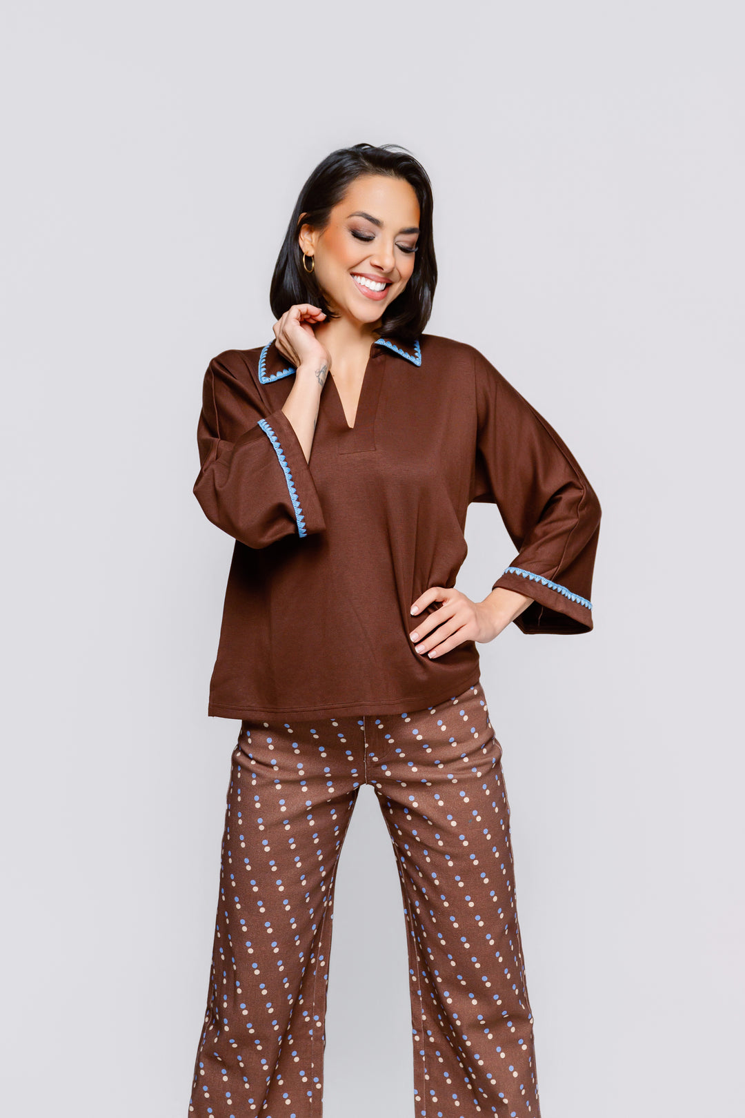 Chocolate & Blue Scallop Top