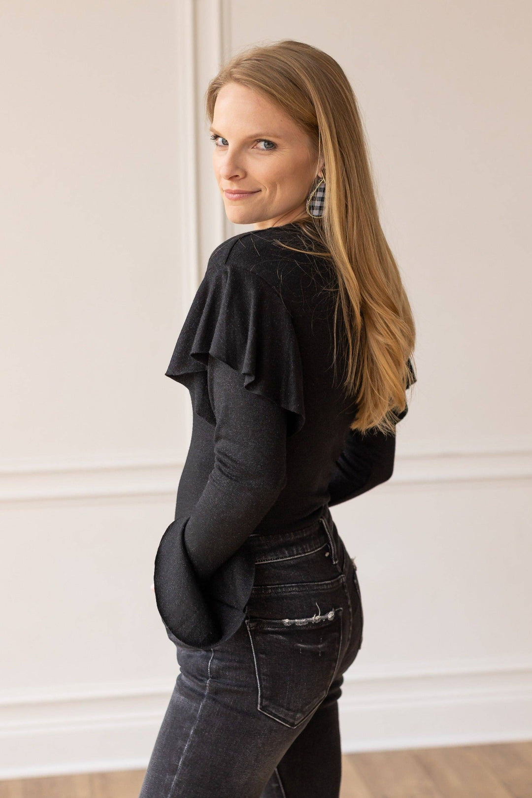 Black Shimmer Ruffle Bodysuit - Reg & Curvy