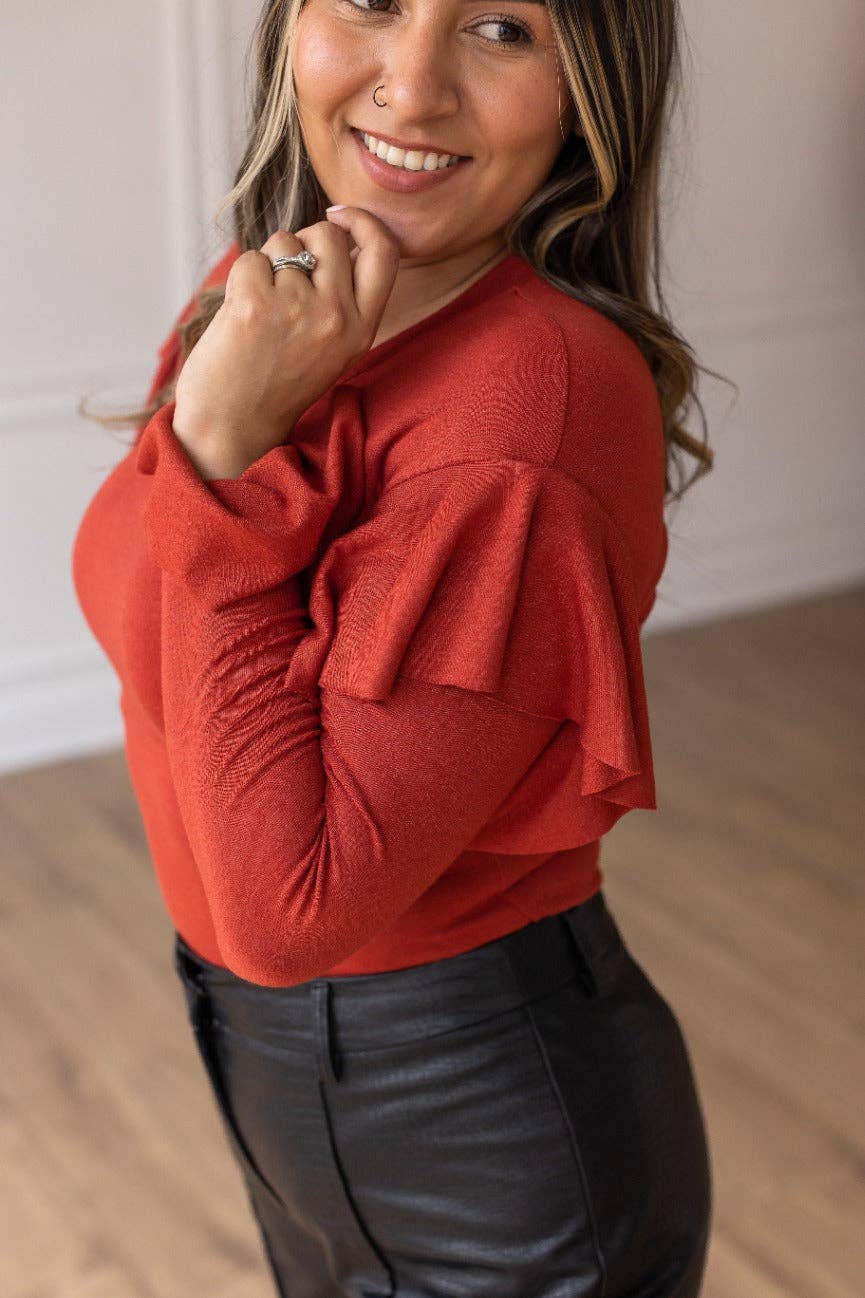 Rust Ruffle Shimmer Bodysuit - Reg & Curvy