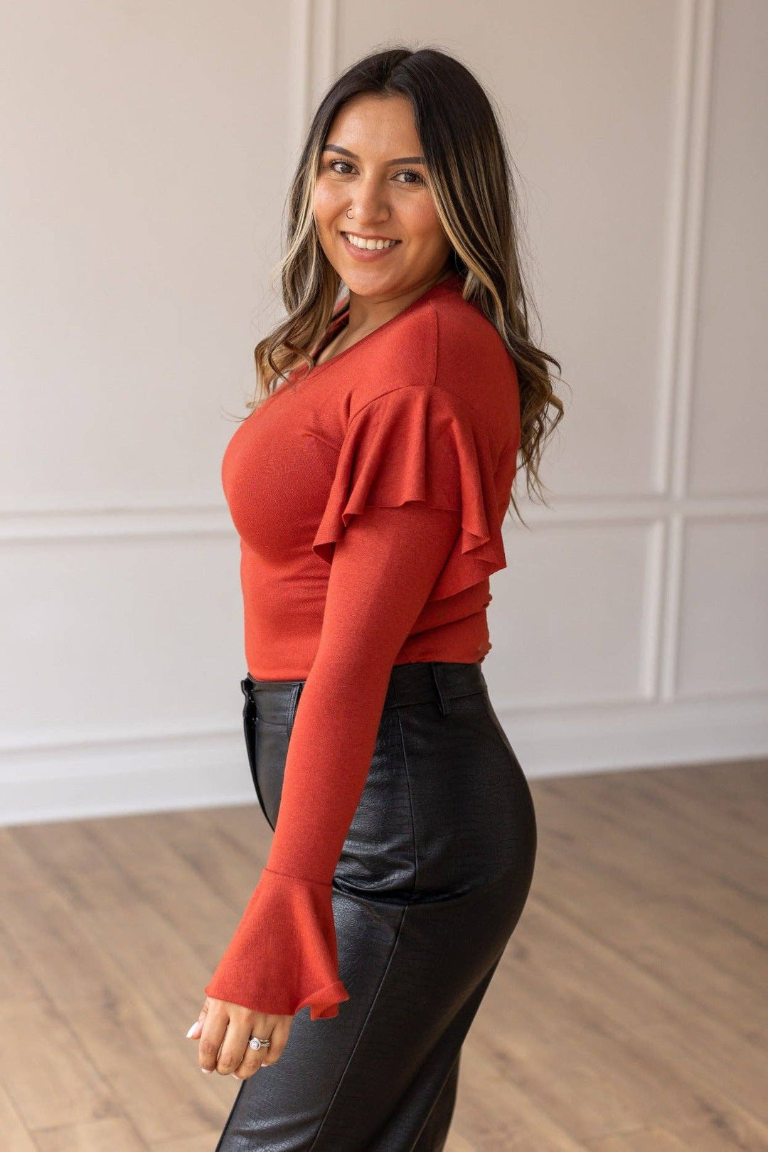 Rust Ruffle Shimmer Bodysuit - Reg & Curvy