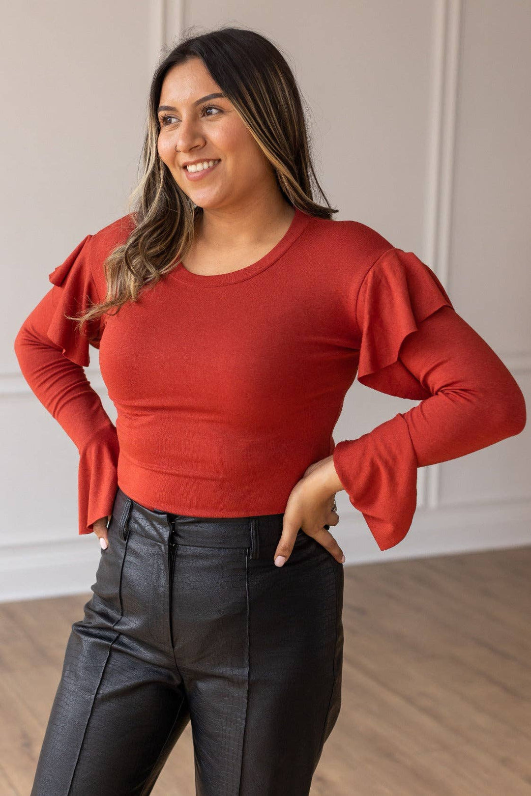 Rust Ruffle Shimmer Bodysuit - Reg & Curvy