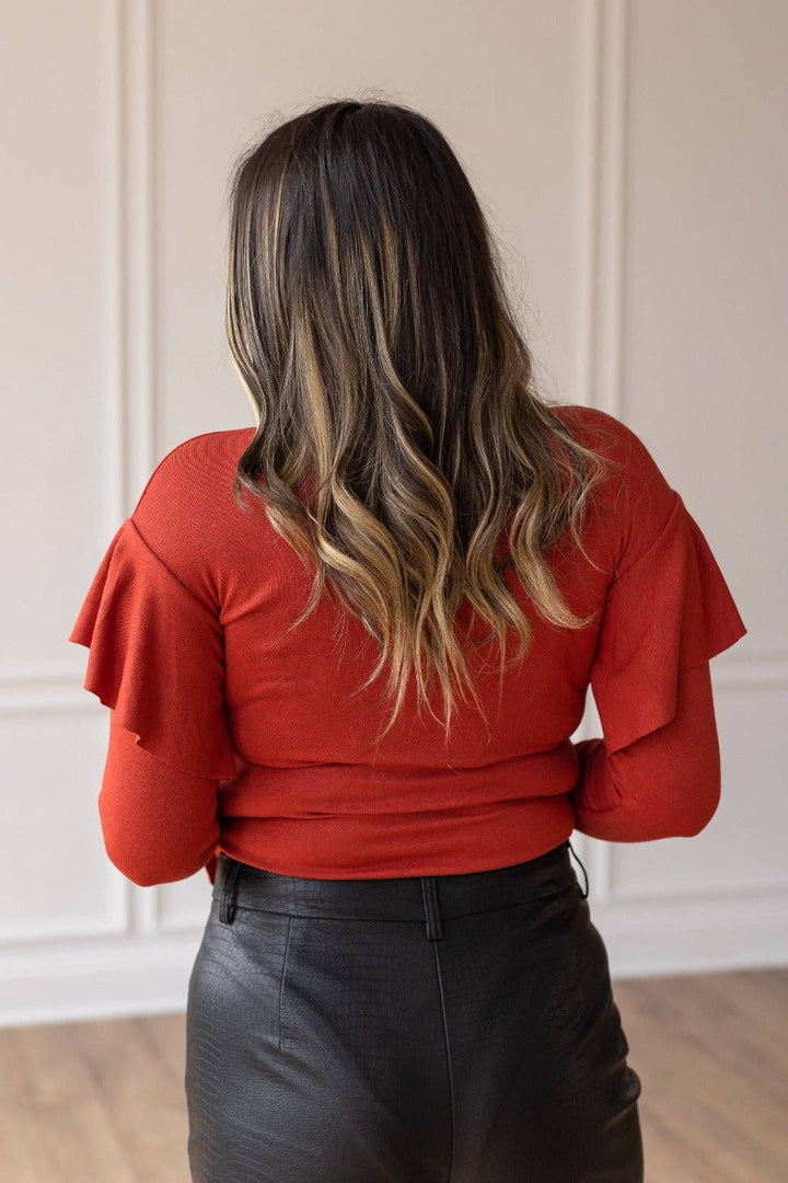 Rust Ruffle Shimmer Bodysuit - Reg & Curvy