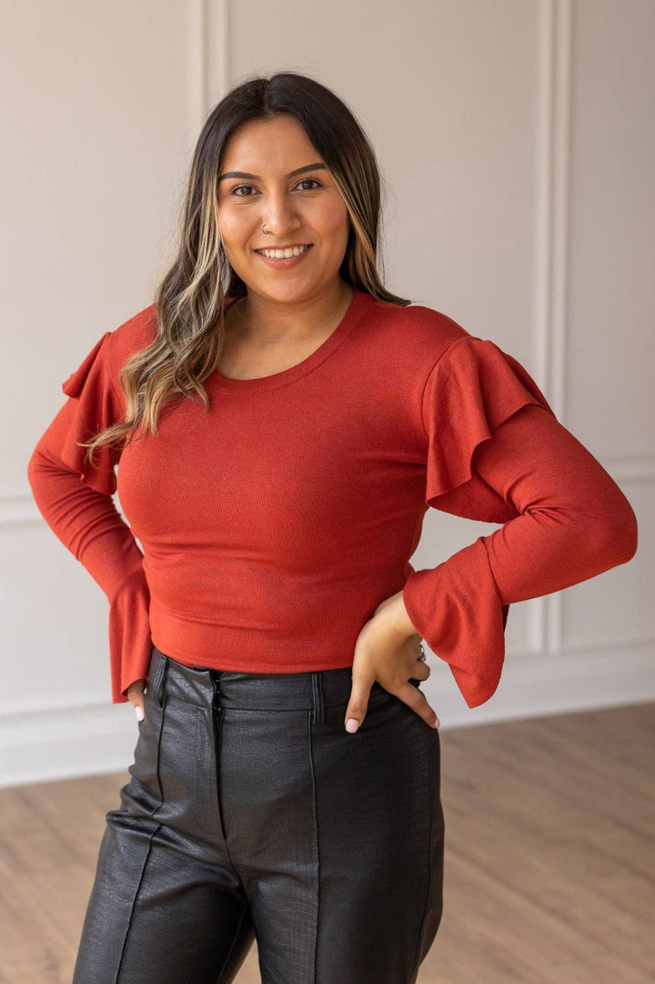 Rust Ruffle Shimmer Bodysuit - Reg & Curvy