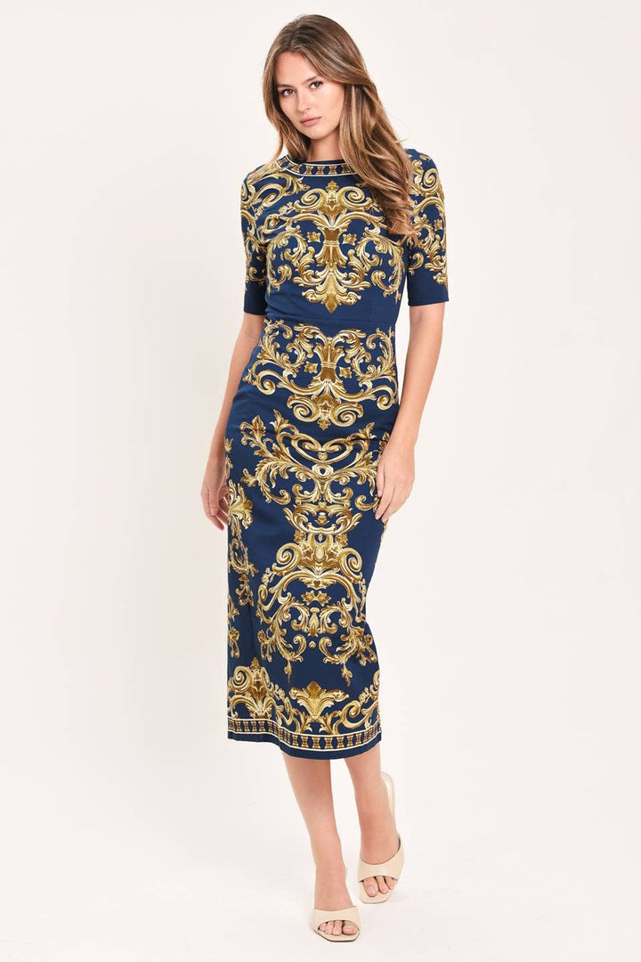 Gilded in Navy Midi Dress