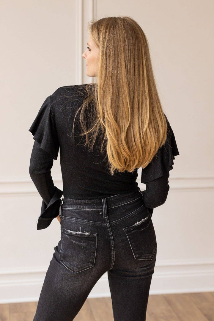 Black Shimmer Ruffle Bodysuit - Reg & Curvy