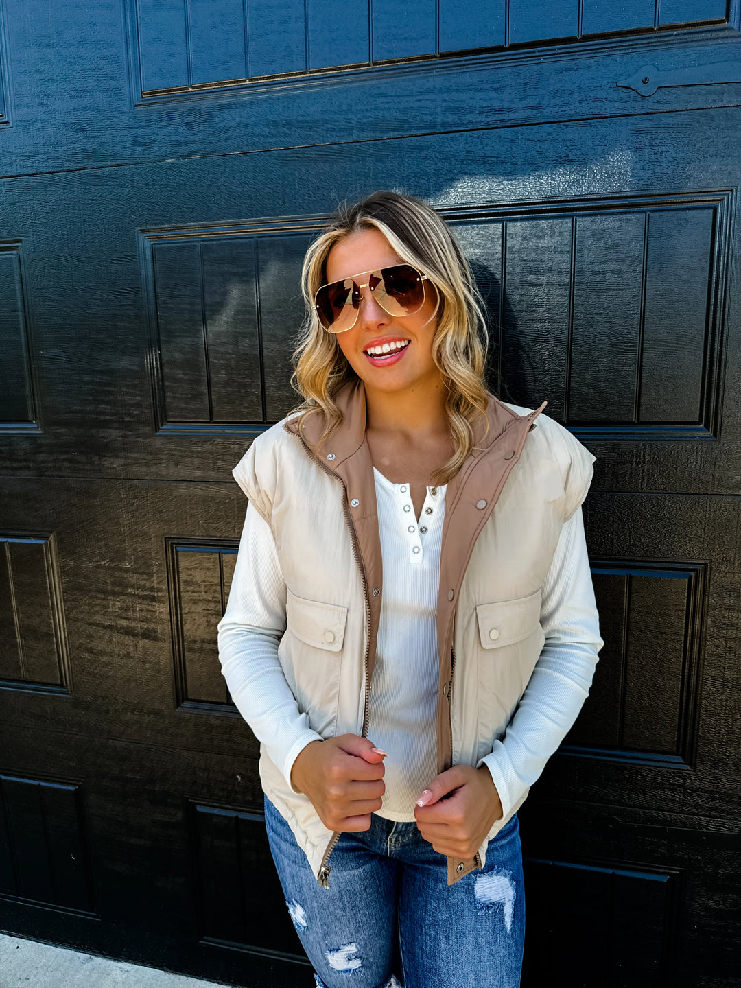 Tan & Ivory Reversible Puffer Vest - Reg & Curvy