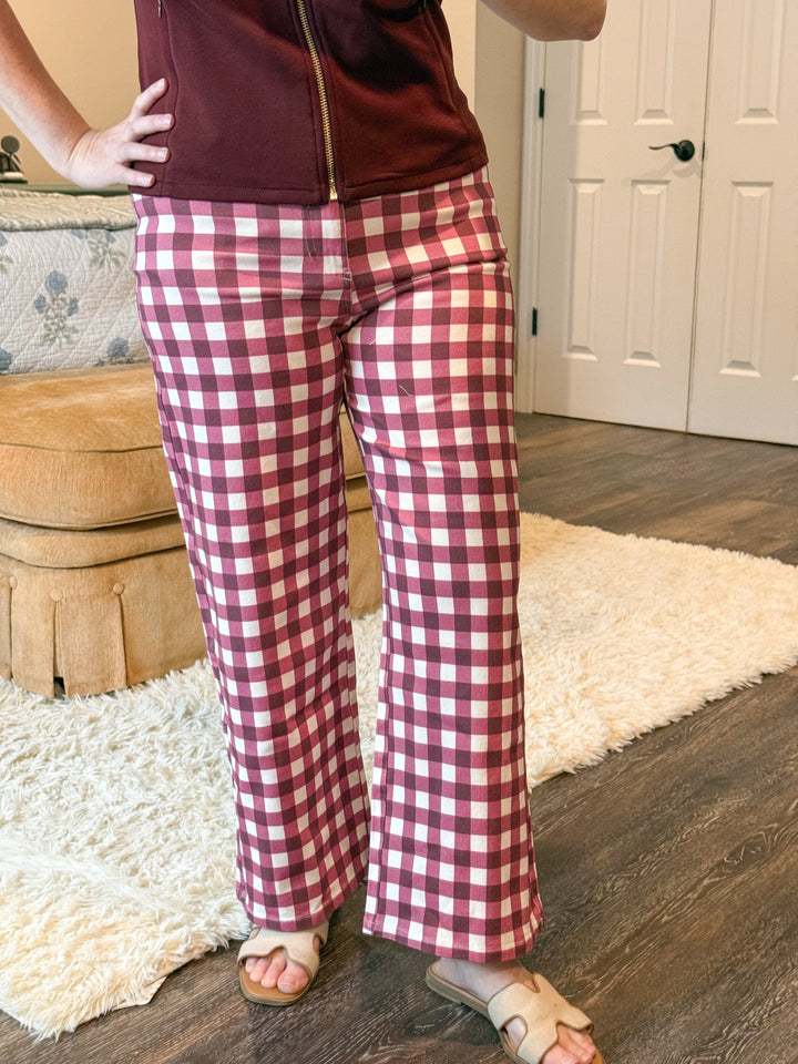 Burgundy Check Wide Leg Pants - Reg & Curvy