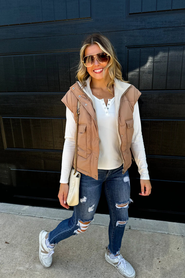 Tan & Ivory Reversible Puffer Vest - Reg & Curvy