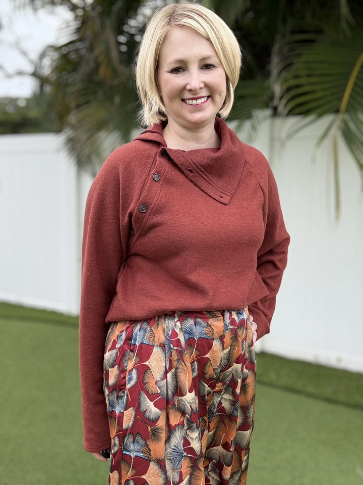 Long Sleeve Button Placket on the Shoulder Top