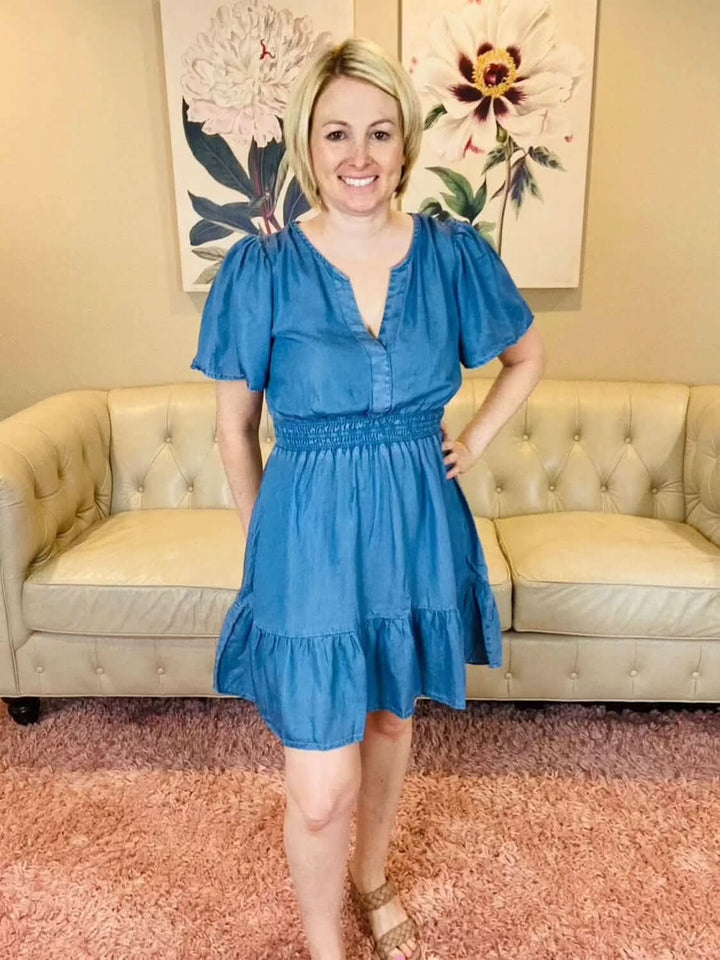 Chambray V - Neck Flounce Dress - Reg & Curvy - Lolo Viv Boutique