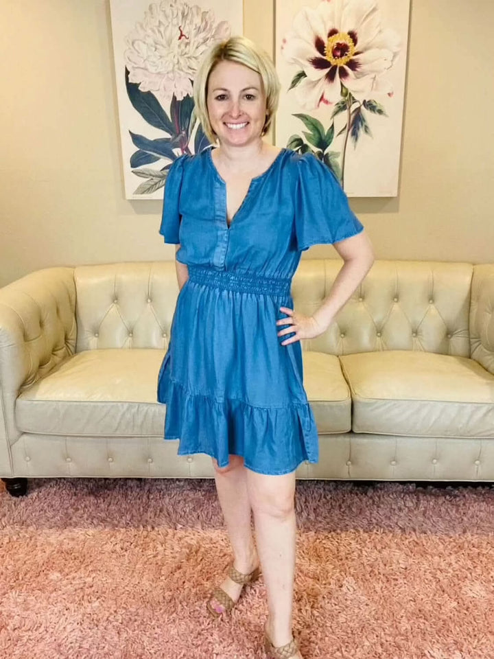 Chambray V - Neck Flounce Dress - Reg & Curvy - Lolo Viv Boutique
