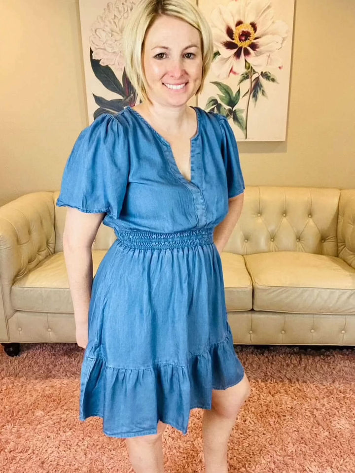 Chambray V - Neck Flounce Dress - Reg & Curvy - Lolo Viv Boutique