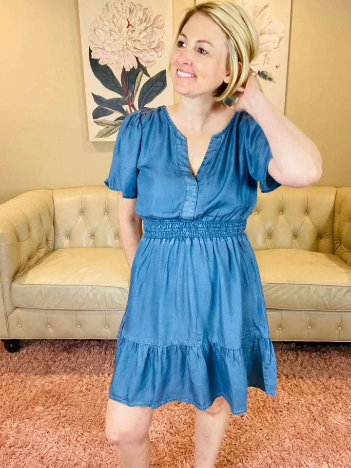 Chambray V - Neck Flounce Dress - Reg & Curvy - Lolo Viv Boutique