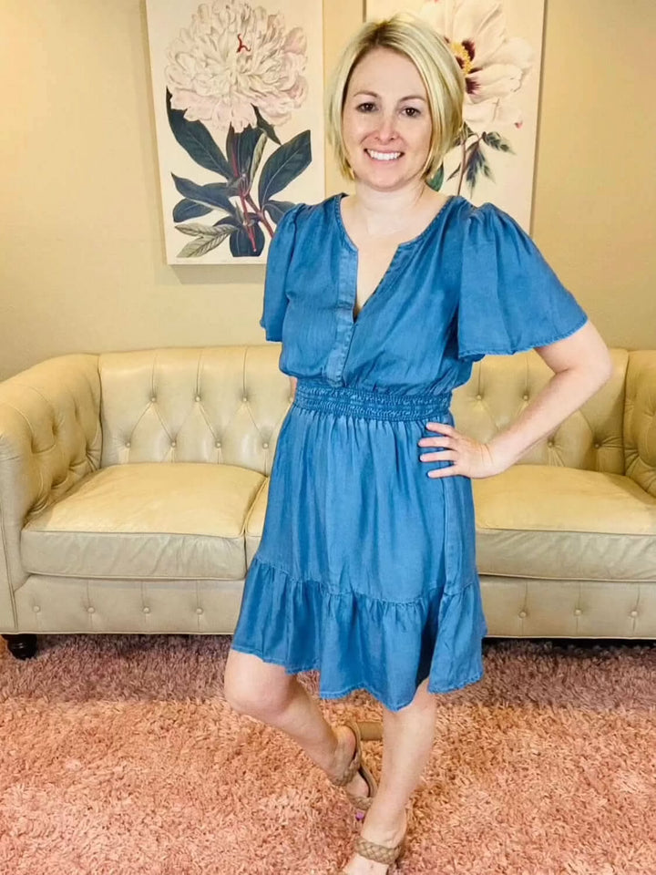 Chambray V - Neck Flounce Dress - Reg & Curvy - Lolo Viv Boutique