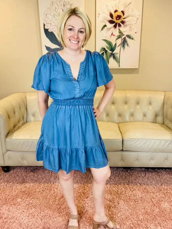 Chambray V - Neck Flounce Dress - Reg & Curvy - Lolo Viv Boutique