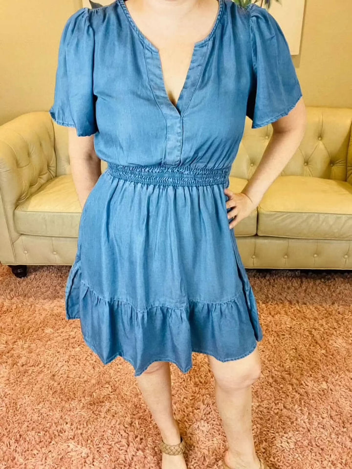 Chambray V - Neck Flounce Dress - Reg & Curvy - Lolo Viv Boutique