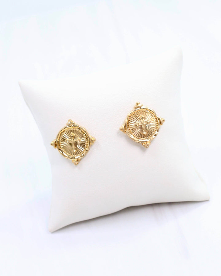 Radiant Cross Studs in Worn Gold