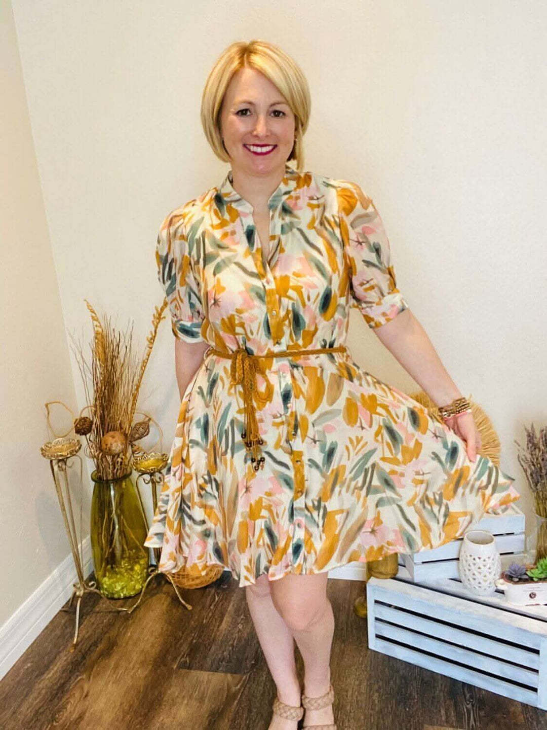 Autumn Button Front Dress with Tie Waist - Lolo Viv Boutique