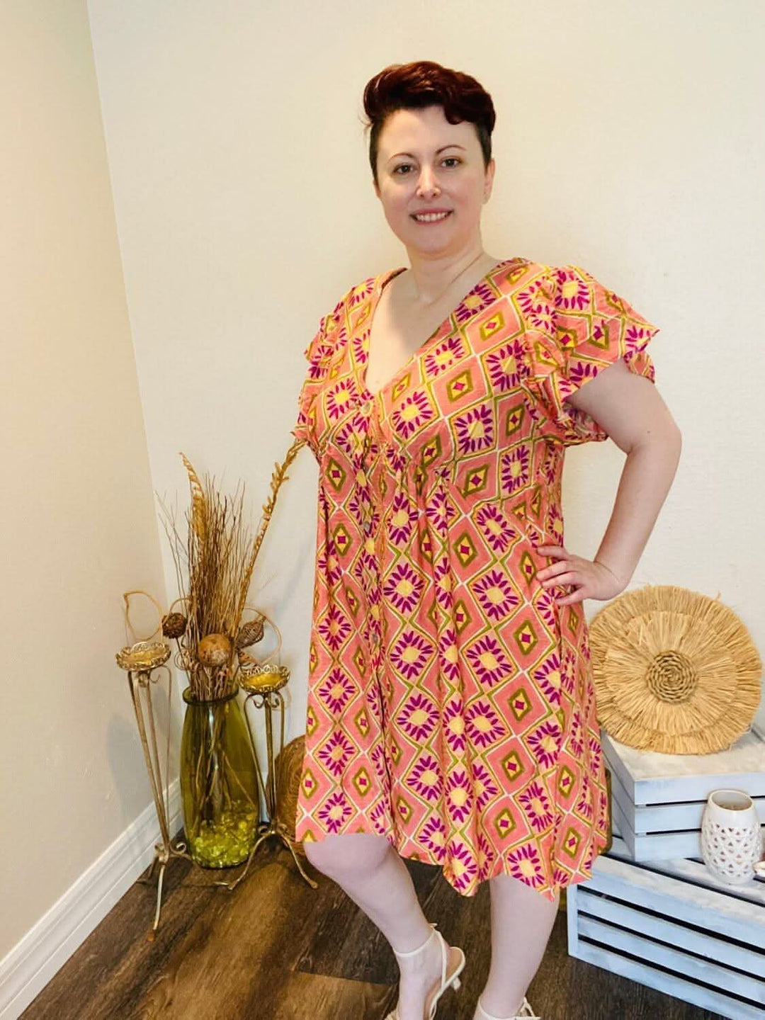 Aztec Print V Neck Dress - Curvy - Lolo Viv Boutique