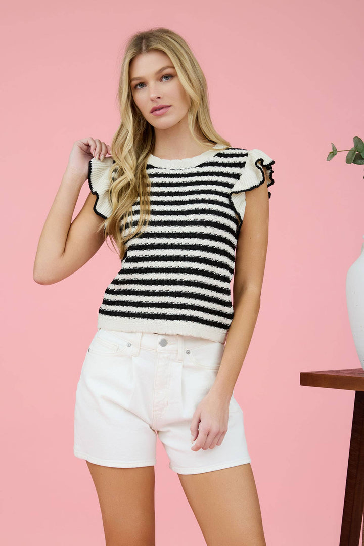 Black and White Stripe Knit Ruffle Sweater - Lolo Viv Boutique