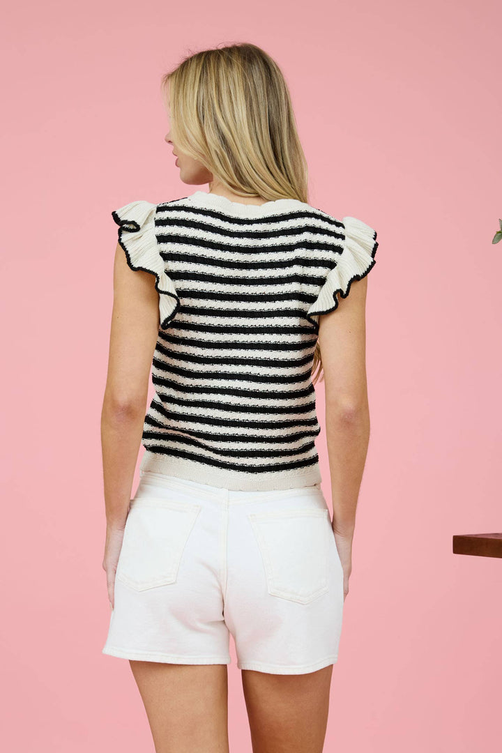 Black and White Stripe Knit Ruffle Sweater - Lolo Viv Boutique