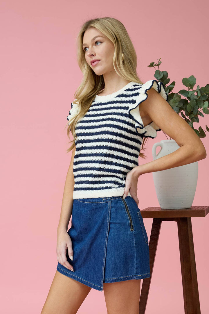 Black and White Stripe Knit Ruffle Sweater - Lolo Viv Boutique