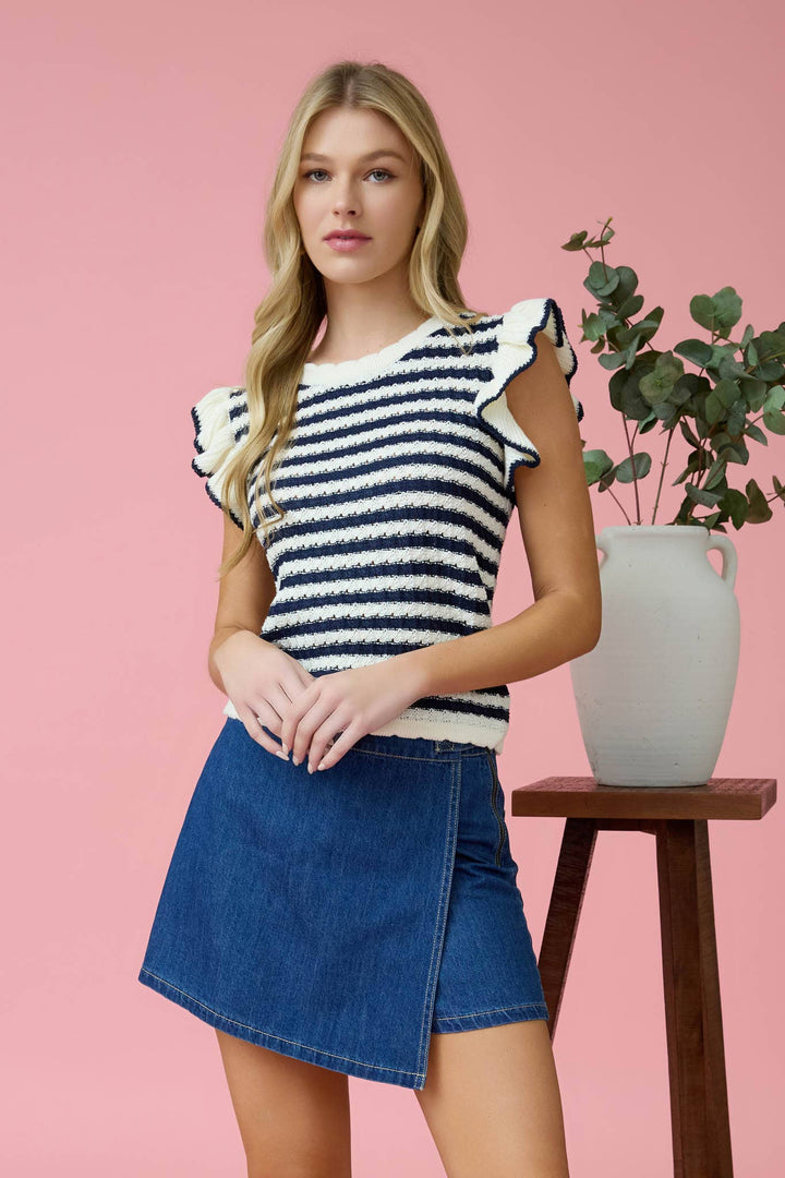 Black and White Stripe Knit Ruffle Sweater - Lolo Viv Boutique