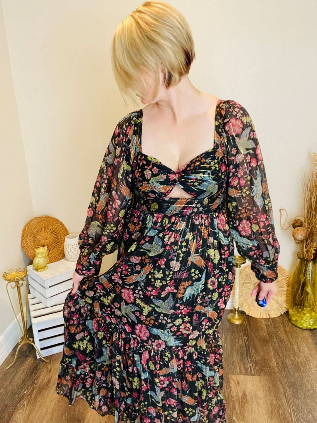 Black Patterned Maxi Dress with Metallic Detailing - Lolo Viv Boutique