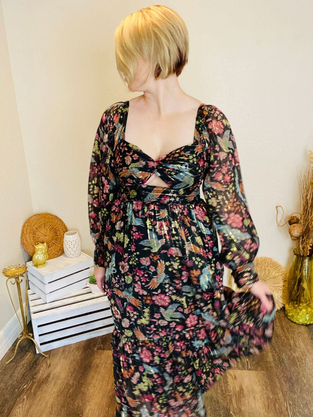Black Patterned Maxi Dress with Metallic Detailing - Lolo Viv Boutique