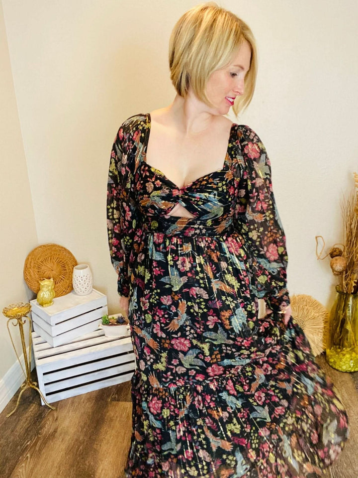 Black Patterned Maxi Dress with Metallic Detailing - Lolo Viv Boutique