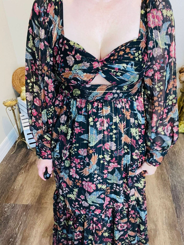 Black Patterned Maxi Dress with Metallic Detailing - Lolo Viv Boutique
