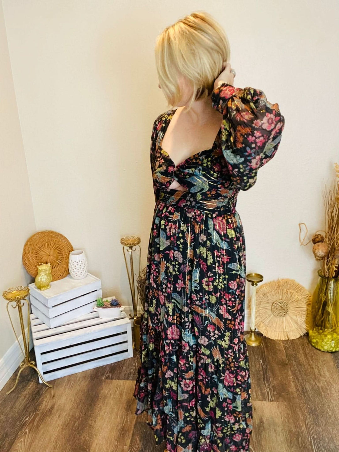 Black Patterned Maxi Dress with Metallic Detailing - Lolo Viv Boutique