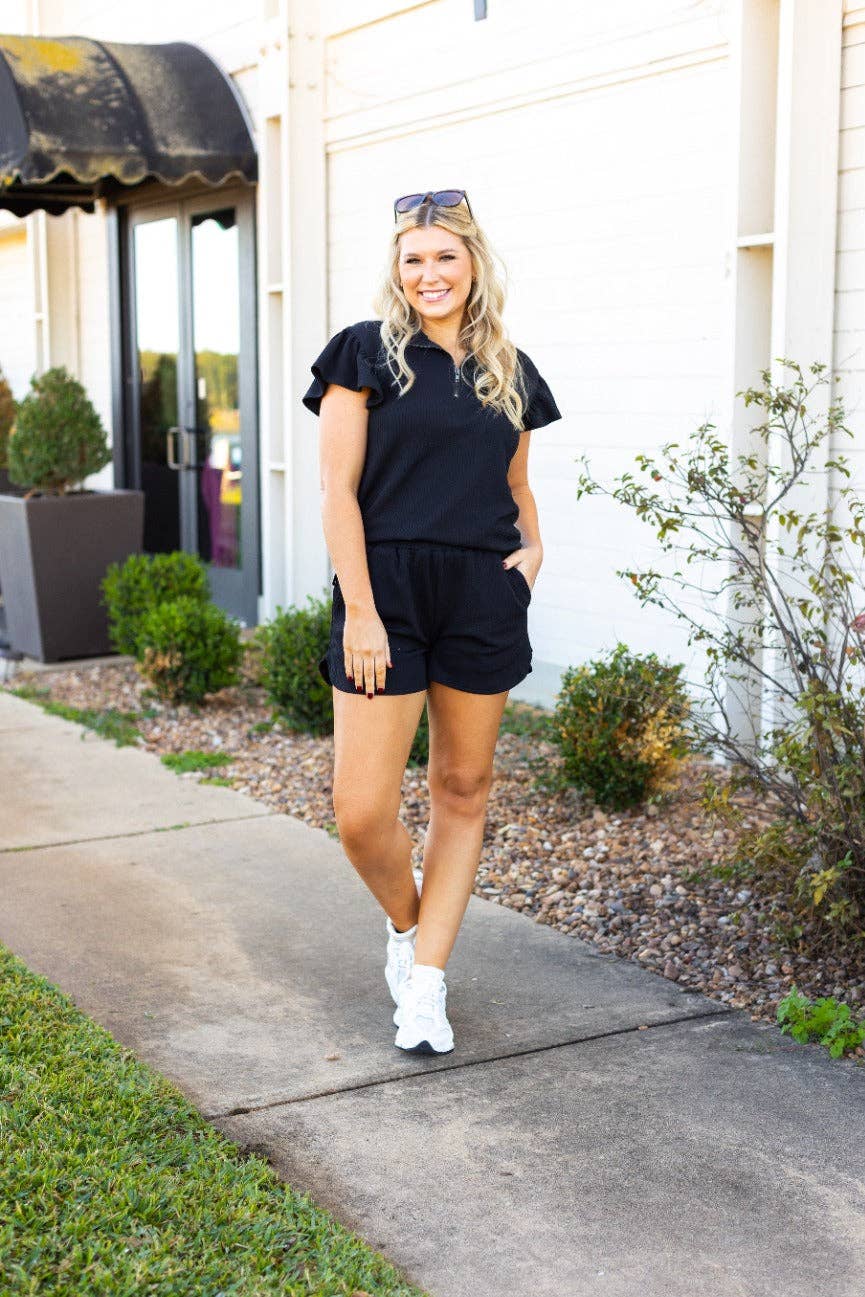 Black Quarter Zip Set with Flutter Sleeves - Reg & Curvy - Lolo Viv Boutique