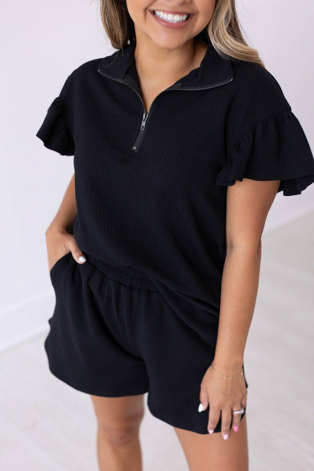 Black Quarter Zip Set with Flutter Sleeves - Reg & Curvy - Lolo Viv Boutique