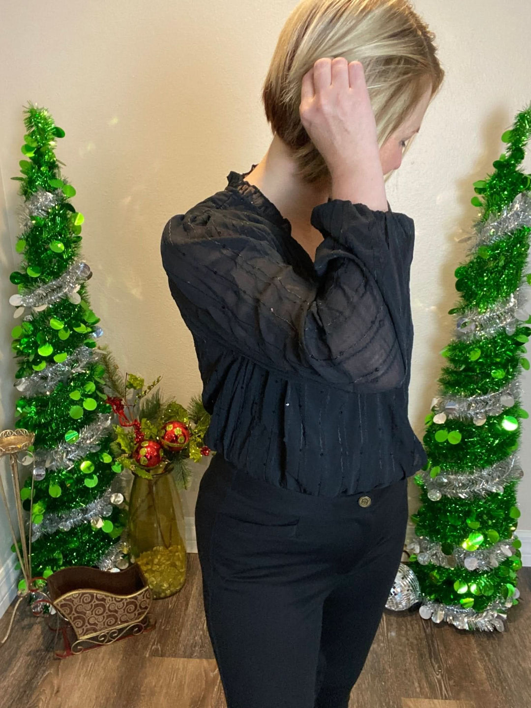 Black Shimmering Long Sleeve Bodysuit - Lolo Viv Boutique